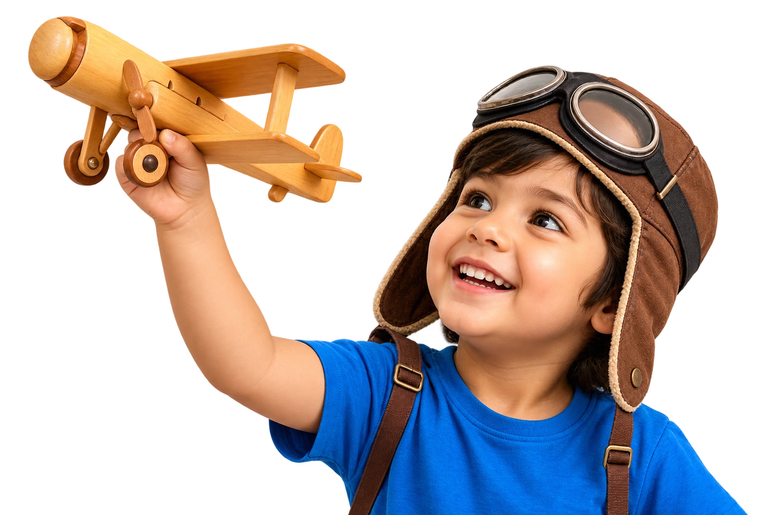 Child playing with a wooden toy airplane